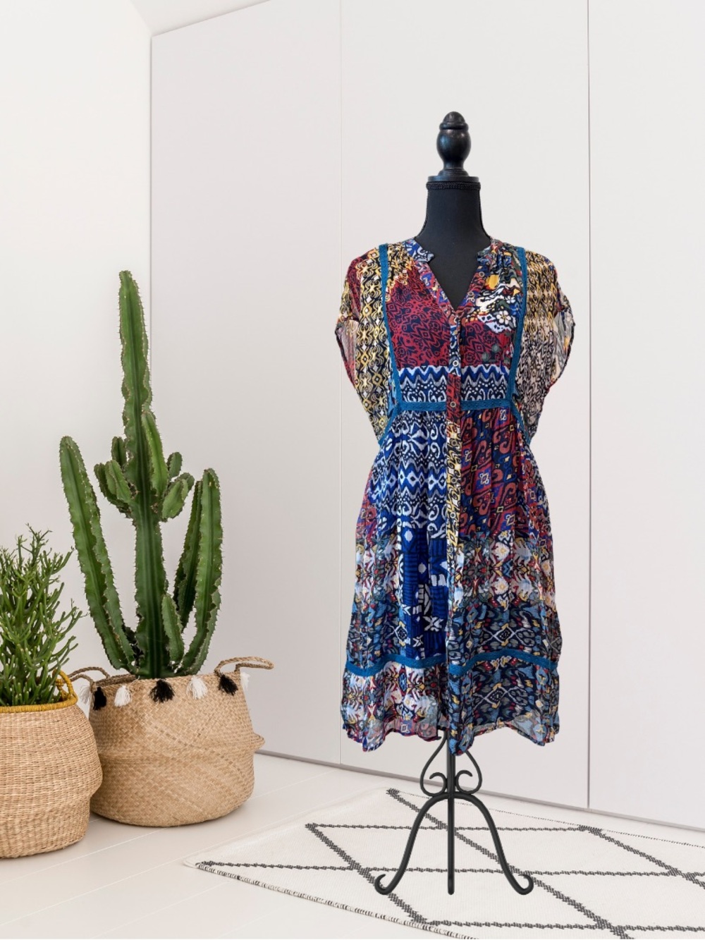 Sundance Short Sleeve Mixed Pattern Button Down Dress